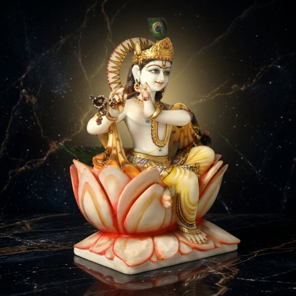 14" Murli Manohara Krishna Marble Statue on a Lotus Throne